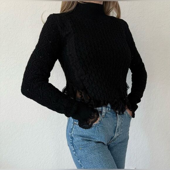 Zara Black Cable Knit Ruffle Hem Sweater - Size M - Picture 1 of 7